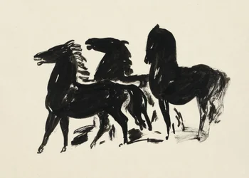 Tre svarta hästar stående och blickande åt vänster (1935-1936), teckning i hög upplösning av Leo Gestel