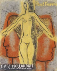 Naken kvinna mellan två mäns huvuden som vänder sig bort från varandra (1933) av Leo Gestel.