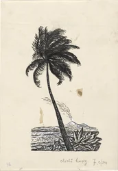 Palm med en ö med en vulkan i bakgrunden