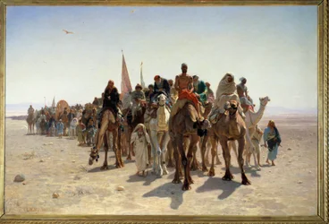 Pilgrimer på väg till Mecka. Karavan av resenärer på kameler i öknen. Målning av Léon Auguste Adolphe Belly (1827-1877), 1861, 1,6 x 2,4 m, Paris, Musée d