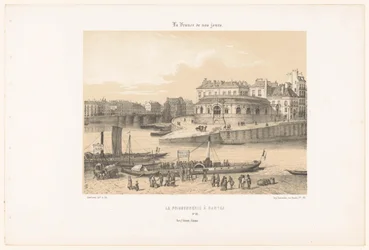 Utsikt över fiskehallen i Nantes från bryggan La poissonnerie à Nantes (titel på objekt) Contemporary France (serietitel) La France de nos jours (serietitel på objekt)