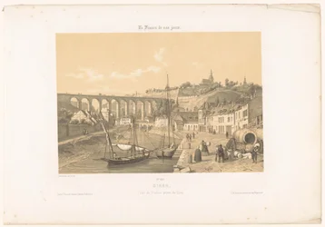 Utsikt över viadukten i Dinan från kajen Dinan. Vue du viaduc prize du quai (titel på objekt) Contemporary France (serietitel) La France de nos jours (serietitel på objekt)