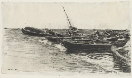 Fiskebåtar på stranden vid Étretat