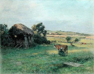 Landskap med en bondkvinna som mjölkar en ko, mitten av 1880-talet (olja på duk)