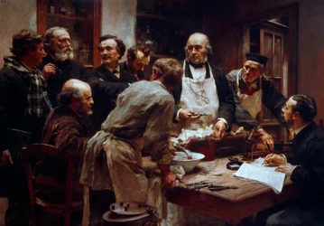 Dissektionskursen för läkaren Claude Bernard (1813-1878) (med förklädet) i närvaro av hans elever Paul Bert (1833-1886) och Arsonvals målning av Arsene (1851-1940) av Leon Augustin Lhermitte (1844-1925) 19. århundradet Paris, Vetenskapsakademin