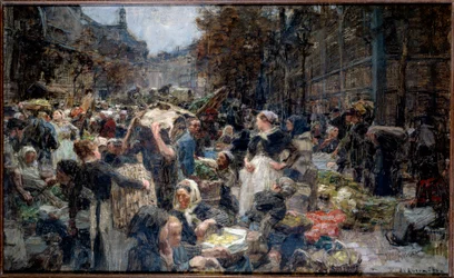 Hallarna. Folkmassan i Marche des Halles i Paris på 1800-talet. Skiss av Leon Augustin Lhermitte (1844-1925)