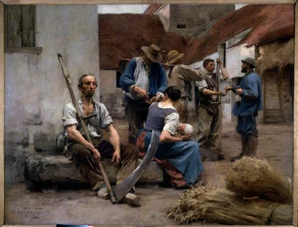 Löneutbetalning till skördande bönder på en gårdsplan, en av dem håller en lie. Målning av Léon Augustin Lhermitte (1844-1925), 1882. Sol. 2,15 x 2,72 m. Paris, Musée d