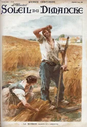 skörden. Bönder som klipper vetet på en åker. (baserat på L. Lhermittes akvarell) Gravyr i "" Le sun-du-dimanche"", 6 augusti