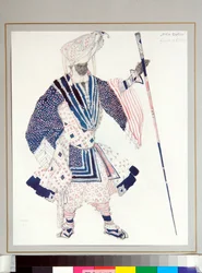 Balett russes: ""Grand priest"" Kostym designad av Leon Bakst (1866-1924) för balett ""Le dieu Bleu"" av Michel Fokine