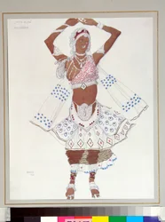 Balett russes: ""bayadere"" Kostym designad av Leon Bakst (1866-1924) för baletten ""The Blue God"" av Michel Fokine