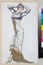 Design av en modern klänning - Verk av Leon Bakst (1866-1924), litografi cirka 1910 - (Design av en modern klänning, färglitografi av Leon Bakst
