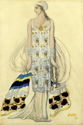 Kostymdesign för Ida Rubinstein i dramat Phaedra (Phedre) av Jean Racine - Bakst, Leon (1866-1924) - 1923 - Gouache och bläck på papper - 48x32 - Privat samling