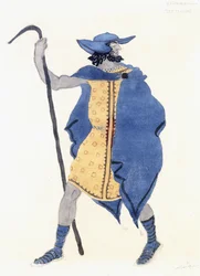 Kostymdesign för Oedipus på Colonus- the Stranger, ca. 1899-1909 (penna, med/c & silverfärg på papper)