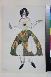 Kostym för Ballet La Boutique Fantaque av Gioachino Rossini - Work av Leon Bakst (1866-1924), litografi 1919 - (kostymdesign för baletten "" The Magic Toy Shop "" av Gioachino Rossini, av Leon Bakst, färglitograf