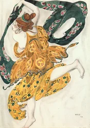 Kostymskiss för en beotiansk kvinna, från baletten "Narcissus", mytologisk dikt med musik avN (akvarell, gouache, blyerts, guld, silver på papper)