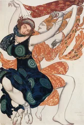 Kostymskiss för två kvinnor från Beotian, ur baletten "Narcissus", mytologisk dikt med musik avN (akvarell, gouache, blyerts, guld, silver på papper)