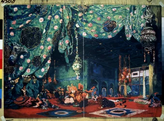 Uppsättning för baletten ""Sheherazade"" av Nicolas (Nikolai) Rimski Korsakov (Rimski-Korsakov) (1844-1908) från Efter sagorna om de tusen och en natt. (Scenografi för baletten Sheherazade av N.Rimsky Korsakov (Rimsky-Korsakov). Teckning av Leon Bakst (186