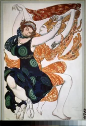 Två beotienner, kostym för baletten ""Narcisse"" av Nikolai Tcherepnin (Nicolas Tcherepnin) (1873-1945) (Två beotienner, kostymdesign för baletten Narcisse av N.Tcherepnin). Teckning av Leon Bakst (1866-1924). Akvarell, gouache, guld och silver på pa