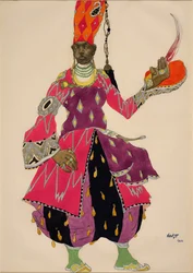 Eunuck "Eunuch" Kostym för baletten Sheherazade av Nicholas Rimsky Korsakov (Rimsky-Korsakov) 1922 (akvarell). Kostym för baletten Sheherazade (Scheharazade) av Nicholas (Nikolai) Rimsky Korsakov (Rimsky-Korsakov) (1844-1908)