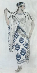 Helena av Troja, kostymskiss till Emile Verhaerens pjäs "Helene de Sparte" (akvarell, krita och silver på papper)