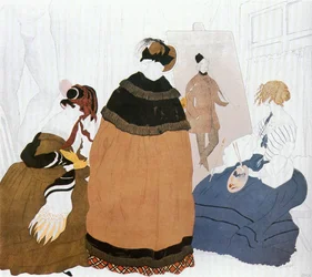 I en kvinnlig målares ateljé, skiss till affisch för utställningen med ryska målare (akvarell, gouache och krita på papper på kartong)