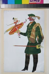 Engelsmannen, kostym för baletten la boutique fantasque av Gioachino Rossini - Verk av Leon Bakst (1866-1924), litografi 1919 - (Dräktdesign för baletten ""The Magic Toy Shop"" av Gioachino Rossini, av Leon Bakst, Färg litografi