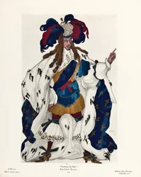 ""Le roi"" kostym av Leon Bakst pour le ballet ""La belle au bois dormant av Piotr Tchaikovski (1840-1893) (Kungen, Kostymdesign för baletten Törnrosa av P Tchaikovsky - Bakst, Leon (1866-1924) ) - 1921 - Färglitografi) Privat samling