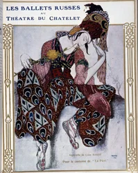 Les Ballets Russians au theater du Chatelet: kostym för "" La Peri"" - akvarell av Bakst, cov. i "" Comoedia illustrerad""