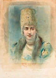 Porträtt av en flicka som bär en Kokoshnik