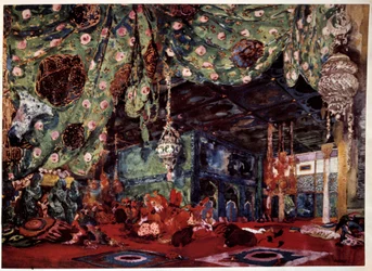 Scenografi av Leon Bakst (1866-1924), rysk målare och dekoratör för operan "Scheherazade" (Sheherazade) av Nicholas (Nikolai) Rimski Korsakov (Rimski-Korsakov) (1844-1908).