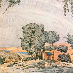 Scenografi för akt I av Helen av Sparta, framförd av Ida Rubensteins balettgrupp, 1912