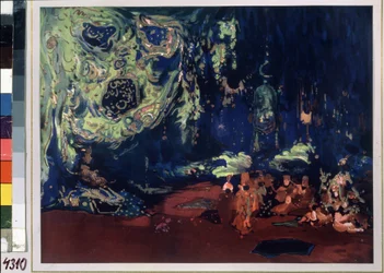 dekor för baletten "Sheherazade" i regi av Nicolas (Nikolai) Rimski Korsakov (Rimski-Korsakov) (1844-1908)