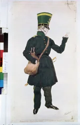 brevbärarkostymen till baletten "La fee des poupees" i regi av Joseph Bayer (1852-1913)