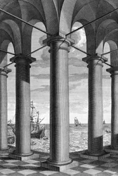 När det gäller arkitektur framträder ett maritimt landskap bakom en byggnad som stöds av arkader: en tavla ritad från "De Architectura Libri decem" av Leon Battista Alberti (1404-1472), arkitekt, matematiker, italiensk poet från renässansen, London
