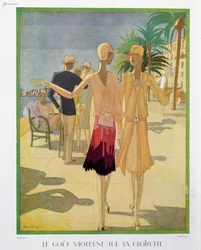 Fashionabla människor som promenerar på Croisette-promenaden i Cannes, illustration från "Femina" Magazine, julen 1927 (färg litho)