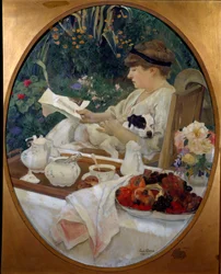 Teet i trädgården. Målning av Leon Carre (1878-1942)
