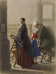 Man, kvinna och flicka vid bön i kyrkan, 1864 (wc och grafit på papper)