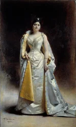 Hellängdsporträtt av Madame Albert Cahen från Antwerpen Målning av Leon Bonnat (1833-1922) 1891 Sön. 1,34x2,27 m Bayonne, Bonnat Museum