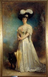 Hellängdsporträtt av Madame Maurice Pascal och hennes hund Tiny Painting av Leon Joseph Bonnat (1833-1922) 1905 Sön. 2,17x0,9 m Pau, konstmuseum - Hellängdsporträtt av Madame Maurice Pascal och hennes hund, Tiny. Målning av Leon Joseph Bonnat (1833-19