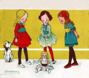 Flickor som leker dockor. (Illustration,; ca 1910)