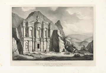 Utsikt över en stor grav som heter El Deir, Petra, 1830