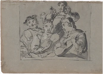 En kvartett av sångare, lutspelare och klockare som spelar i en krog vid levande ljus, 1620-1628.