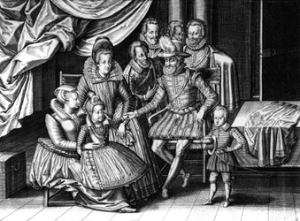 Franske kungen Henri IV med sin fru Marie de Medicis och två av deras barn: den framtida Ludvig XIII och Elizabeth, gravyr av Leonard Gaultier och Le Clerc, ca. 1605