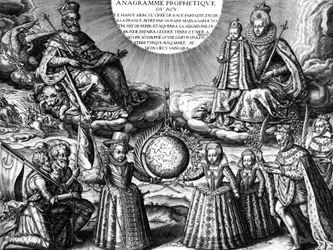 Fransk kungafamilj 1607 (propaganda): Franske kungen Henri IV och hans hustru drottning Marie de Medicis som håller sin dotter Christine ; botten: deras andra barn: den blivande Ludvig XIII, Elisabeth och Henriette-Marie. På r : konungen följt av hans sjuk