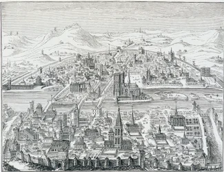 Stor perspektivvy av Paris 1607, baserad på gravyren av Léonard Gaultier.