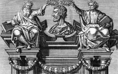 Titelsida "Les Oeuvres de Pierre Ronsard". "Pierre Ronsards verk, Vendomois gentleman, prins av franska poeter." Gravyr av Leonard Gaultier för 1623 års upplaga