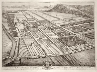 Chatsworth House, säte för William Cavendish (1640-1707), förste hertig av Devonshire, graverat av Johannes Kip (ca 1652-1722).