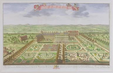 Hennes Majestäts kungliga palats i Kensington, från "Survey of London" graverat av Johannes Kip (ca 1652-1722), 1730 (färggravyr)
