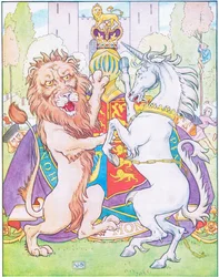 Lejonet och enhörningen kämpade om kronan (färg litho)