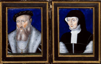 Porträtt av Claude de Lorraine (1496-1550), hertig av Guise och Antoinette av Bourbon Vendome (1494-1583), hans hustru Emalj målad av Leonard Limosin (1505-1577) 1550 ca. Sol. 0,25x0,2 m Ecouen, Musee national de la renaissance
